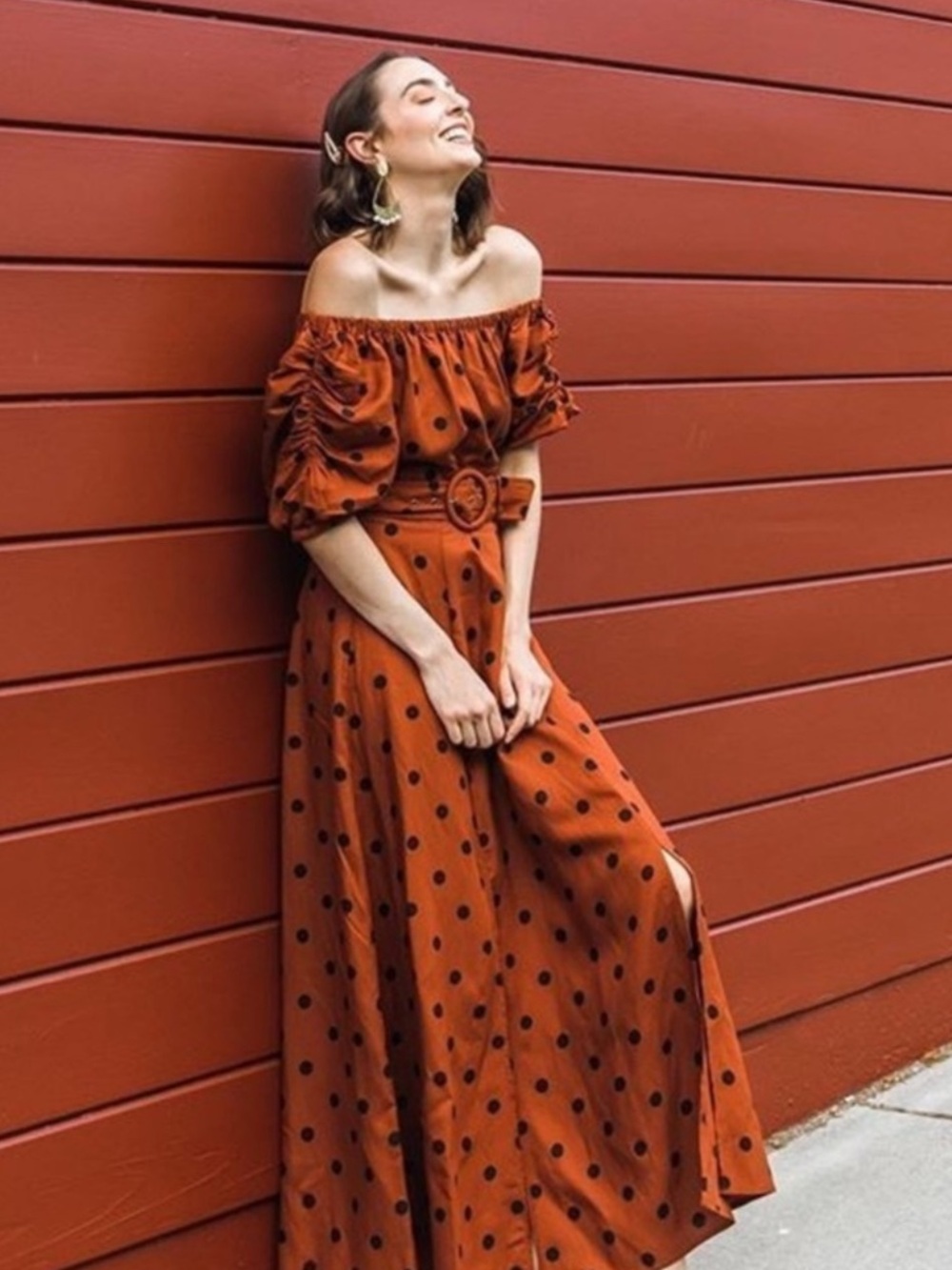 Anthropologie Maeve Lucienne Off-The-Shoulder Maxi Dress US 4 Brown Rust Orange - Picture 2 of 13